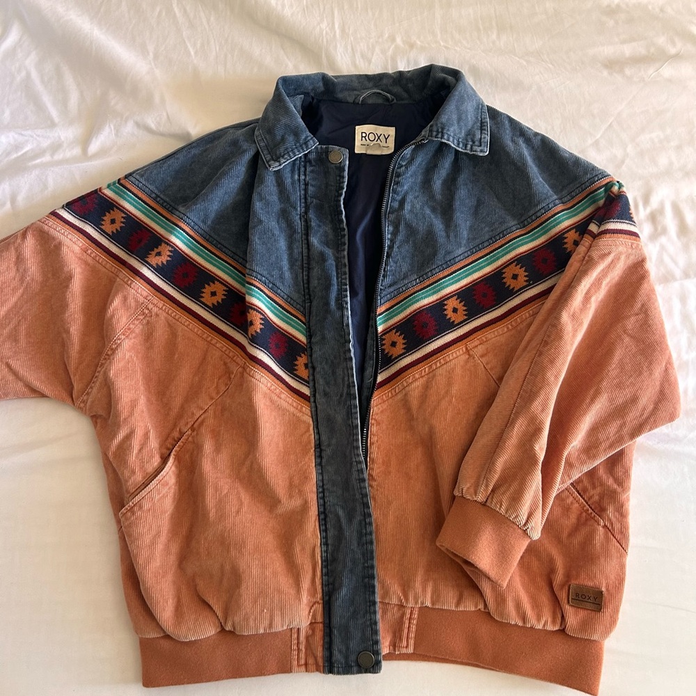 Roxy Two-Tone Denim & Rust Bomber Jacket with Aztec Stripe